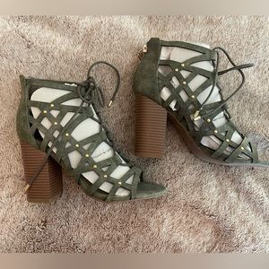 G by Guess Caged Gladiator Block Heels, Brand New! Size 8, Olive Green Color